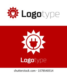 Red Solar energy panel icon isolated on white background. Sun and electric plug. Logo design template element. Vector Illustration