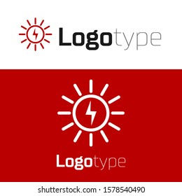 Red Solar energy panel line icon isolated on white background. Logo design template element. Vector Illustration