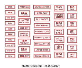 Red sold out emblem in frame. Sale stamp imprint. Set rectangle best price stickers. New arrival label in border. Marketing retail badge. Text box with buy tags. Sale product mark. Vector illustration