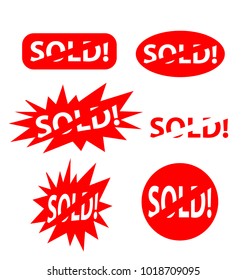 red sold out label stamp icon set, vector sign. Sold splattered grunge vector.