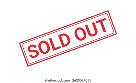 red sold out stamp in diagonal rectangular frame with bold capital letters on white background
