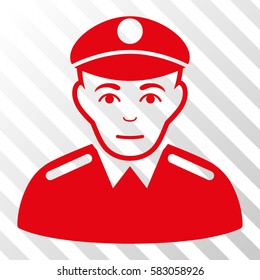 Red Soldier toolbar pictogram. Vector pictograph style is a flat symbol on diagonal hatch transparent background.