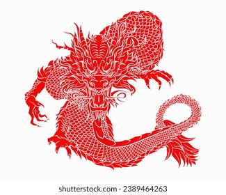  Roter solider traditioneller chinesischer oder japanischer Drache in handgezeichnet Stil einzeln auf weißem Hintergrund. Mythologie asiatisches Tier oder Monster, Teufel. Tintenfisch-orientalischer Drache für T-Shirt-Drucke oder Tattoo 