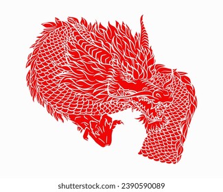 El sólido rojo dragón tradicional chino o japonés de estilo dibujado a mano aislado en fondo blanco. Matiología animal asiático o monstruo, diablo. Dragón oriental de tinta para estampados de camisetas o tatuajes 