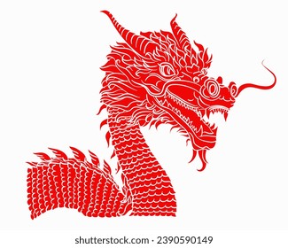 El sólido rojo dragón tradicional chino o japonés de estilo dibujado a mano aislado en fondo blanco. Matiología animal asiático o monstruo, diablo. Dragón oriental de tinta para estampados de camisetas o tatuajes 