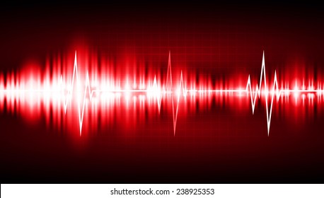 red Sound wave background suitable as a backdrop for music, technology and sound projects. Blue Heart pulse monitor with signal. Heart beat. 