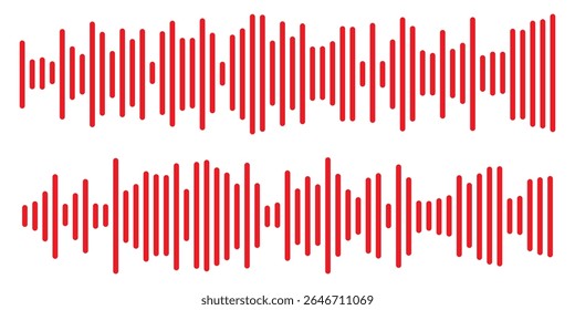Ícone vermelho da onda sonora. Linha de voz vermelha da onda sonora do Podcast. Grave o player de música em vermelho. Faixa de conversação móvel. Ondas de som vermelho para mensagem de voz. Ícone de onda de áudio.Ondas do equalizador. 