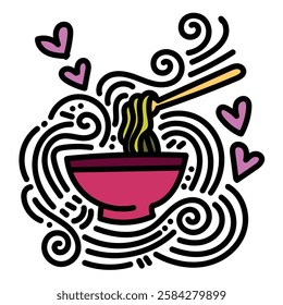 Red soup bowl and love doodles. Simple illustration. Hand drawn doodle for sticker, postcard, wallpaper, mural, fabric, prints, wall decor, clothing, etc