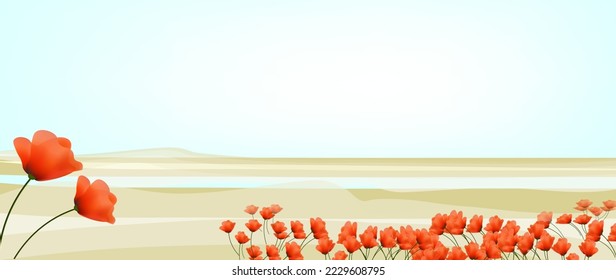 The Red South Festival banner. Anemone flowers in Negev desert. Israel desert is blossoming. Flowers in Israel desert. Israel Nature banner. 