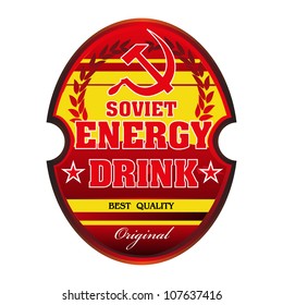 Red soviet energy drink label with soviet symbols isolated on a white background