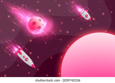 Red space abstract background with moon, planet, and stars. can use for poster, business banner, flyer, advertisement, brochure, catalog, web, site, website, presentation, book cover back ground