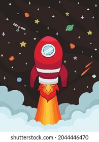 Almuerzo de artesanía espacial roja a la galaxia, vehículo espacial de diseño plano sobre fondo marrón oscuro con estrellas, satélite, meteoros y planetas. Caricatura de dibujos animados de dibujos a mano.