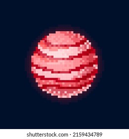 Red space planet in pixel art 8 bit game design, solar system sphere isolated on black. Vector cartoon galactic sphere alien world, satellite retro sphere. Discovery of globe universe, galaxy