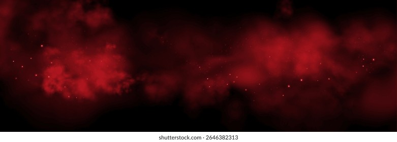 Espaço vermelho realista nebulosa fumaça fundo. 
Textura de nevoeiro abstrato e estrelas brilhantes. Galáxia colorida mágica com poeira estelar. Ilustração vetorial abstrata