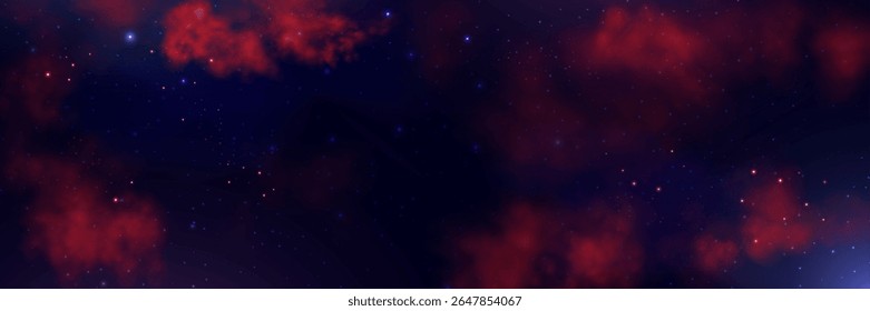 Espaço vermelho realista nebulosa fumaça fundo. Textura de nevoeiro abstrato e estrelas brilhantes. Galáxia colorida mágica com poeira estelar. Ilustração vetorial abstrata