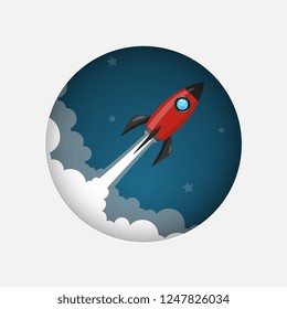 red space rocket launch model icon and flame on night sky and smoke background. logo or banner