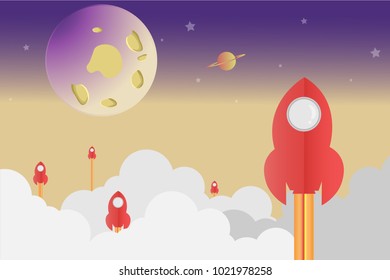 The red spaceship flies up into the sky,Paper art.vector art and illustration.