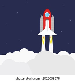 Red spaceship, illustration, vector on a blue background.