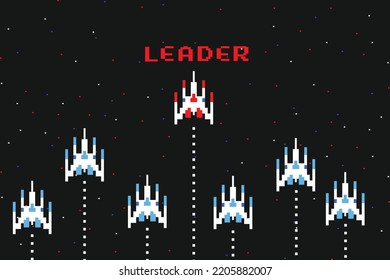 Red spaceship leading white Spaceship  in the Space. Business leadership concept.pixel art.