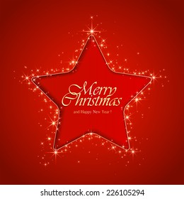 Red sparkle background with Christmas star, illustration.
