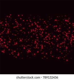 Red sparkle of confetti stars on a dark background. Luxury festive background. Shining sparkling abstract texture. Element of design. Vector illustration, EPS 10.