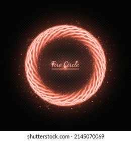 Red sparkle fire circle. Realistic burning circle. Round fiery frame on transparent background.