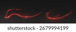 Red sparkle trails with magic light waves and glowing particles for dynamic effects. Luminous curved streams with fiery energy dots on dark bg. Abstract motion graphics for mystical or festive design