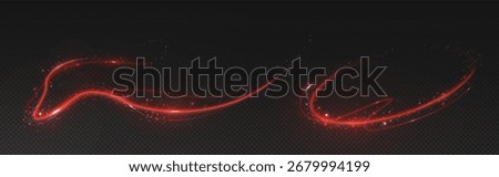 Red sparkle trails with magic light waves and glowing particles for dynamic effects. Luminous curved streams with fiery energy dots on dark bg. Abstract motion graphics for mystical or festive design