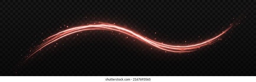 Red sparkle waves with light effect isolated on transparent background. Glittering bright dust trail. Shimmering magic dust particles.