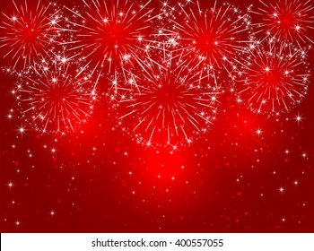 Red sparkling fireworks on shiny background, illustration.