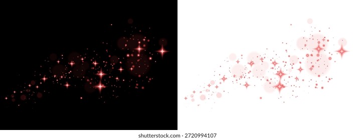 El polvo rojo brillante y las explosiones de estrellas brillantes flotan sobre un fondo oscuro, creando una atmósfera mágica y elegante con partículas brillantes y efectos radiantes de bokeh.