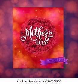 Red sparkling square mothers day greeting card design with little yarn fuzzy ball over pink and purple obscured background