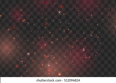 red sparks and stars glitter special light effect. Vector sparkles on transparent background. 