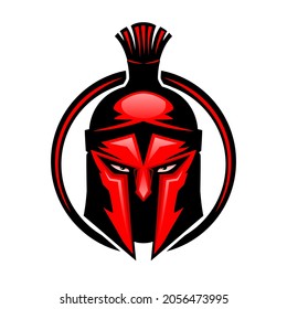 Red Spartan helmet icon on white background.