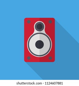 Red Speaker flat icon with long shadow isolated on blue background. Simple 
Speaker sign symbol in flat style. Music element Vector illustration for web and mobile design.