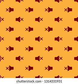 Red Speaker mute icon isolated seamless pattern on brown background. No sound icon. Volume Off symbol. Vector Illustration