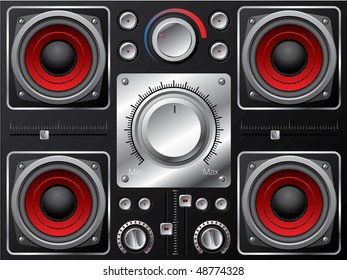 Red speakers with amplifier and knobs