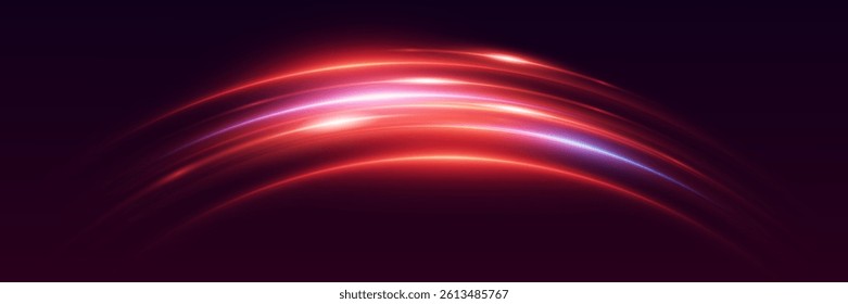 Red special effect of light swirl and trail. Neon speed line effect.