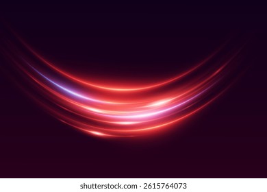 Red special effect of light swirl and trail. Neon speed line effect.