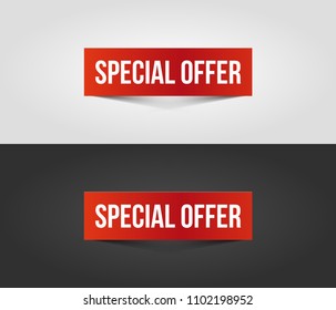 Red special offer banner with shadow on white and dark background. Vector illustration.