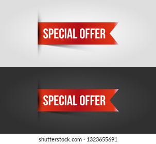 Red special offer banner with shadow on white and dark background. Can be used with any background. Vector illustration.