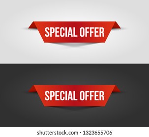 Red special offer banner with shadow on white and dark background. Can be used with any background. Vector illustration.