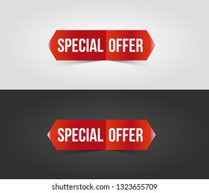 Red special offer banner with shadow on white and dark background. Can be used with any background. Vector illustration.