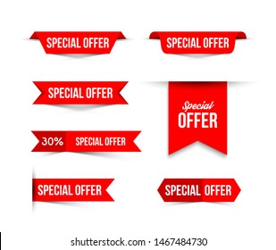 Red special offer banners with shadows on white background.