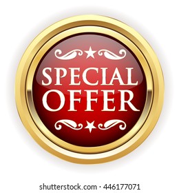 Red special offer button, badge with gold border on white background