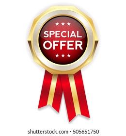 Red special offer rosette, badge with gold border on white background