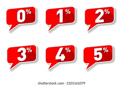 Red speech bubble 0, 1, 2, 3,4 and 5% off Sign. Discount, Sale, Special Offer Label, Sticker, Tag, Banner, Advertising, offer Icon. Vector Sticker on transparent background