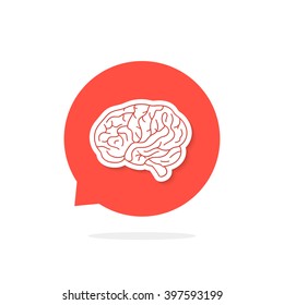 red speech bubble with brain and shadow. concept of training, innovation, feedback, solution, head, dialog. flat style trend modern logotype design vector illustration on white background