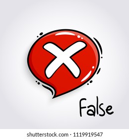 Red speech bubble with cross sign. Reject symbol for evaluation quiz. Cancel marks. Vector.