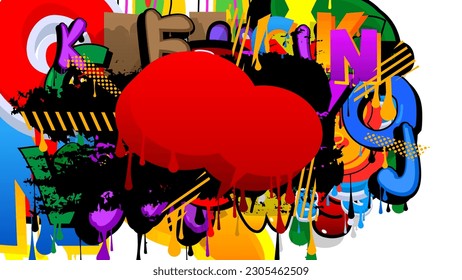 Red Speech Bubble Graffiti with colorful Background. Urban painting style backdrop. Abstract discussion symbol in modern dirty street art decoration.